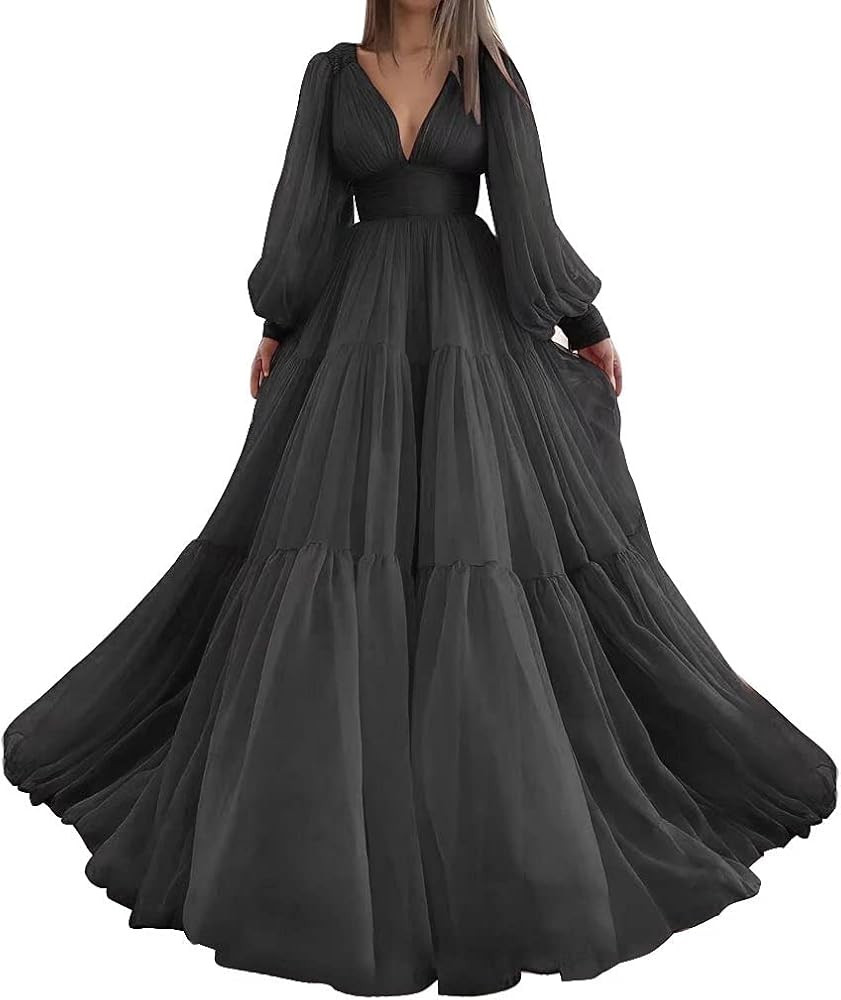 Long Puffy Sleeve Prom Dress Tulle Ball Gown for Women Wedding Dresses V Neck Formal Evening Gown... | Amazon (US)