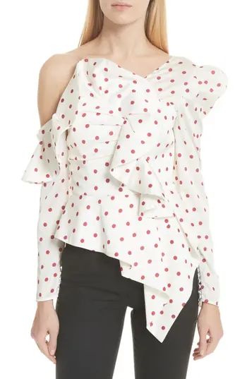 Women's Self-Portrait Polka Dot Ruffle One-Shoulder Satin Top | Nordstrom