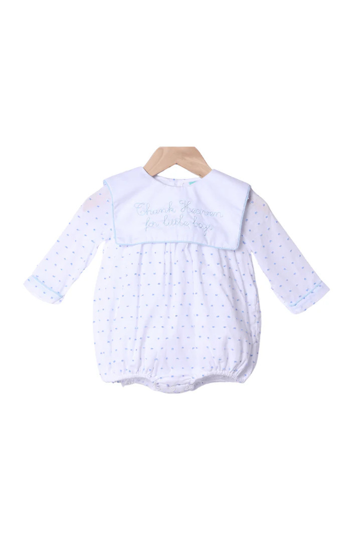 Embroidered Thank Heaven for Little Boys Long Sleeve Blue Swiss Dot Bu | The Smocked Flamingo
