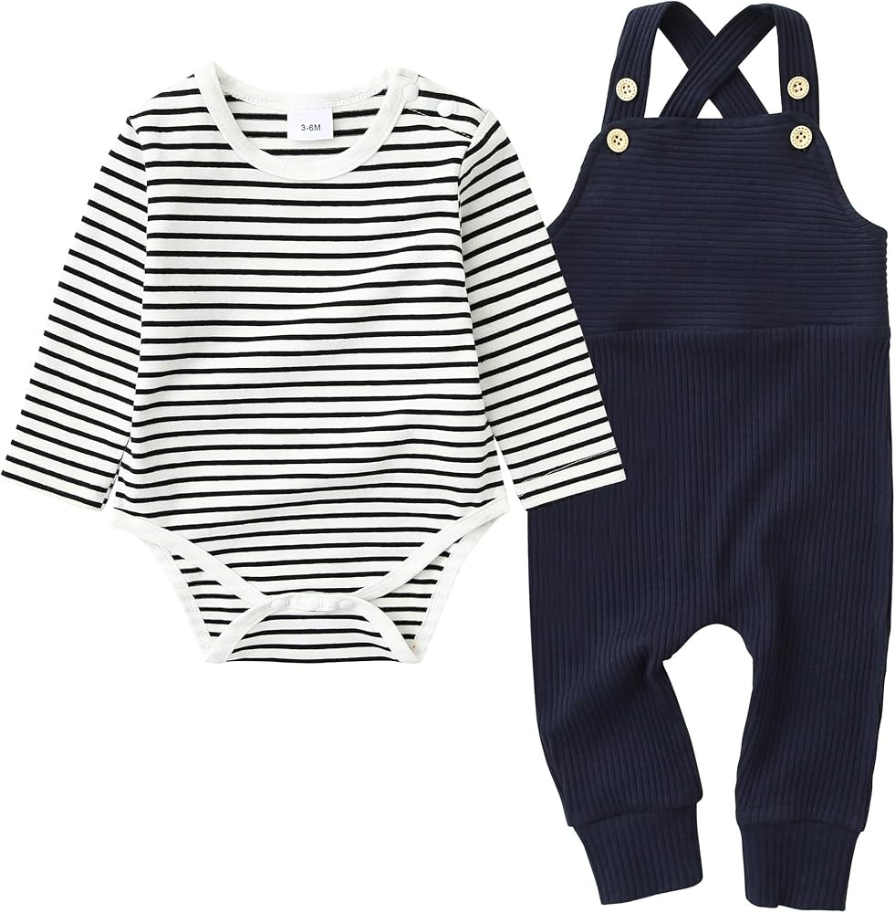 YUEMION Baby Boy Clothes Newborn Infant Boy Outfits 2Pcs Stripe Top Romper Pants Set 0-24 Months ... | Amazon (US)