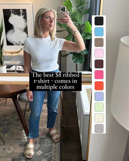 The best ribbed t-shirt is only $8 and comes in so many colors! Perfect summer basic 

Tee shirt 
White black 
Pink blue
Cropped Jeans denim 
Flat sandals 
Casual Summer outfit 

#LTKStyleTip #LTKSaleAlert #LTKFindsUnder50