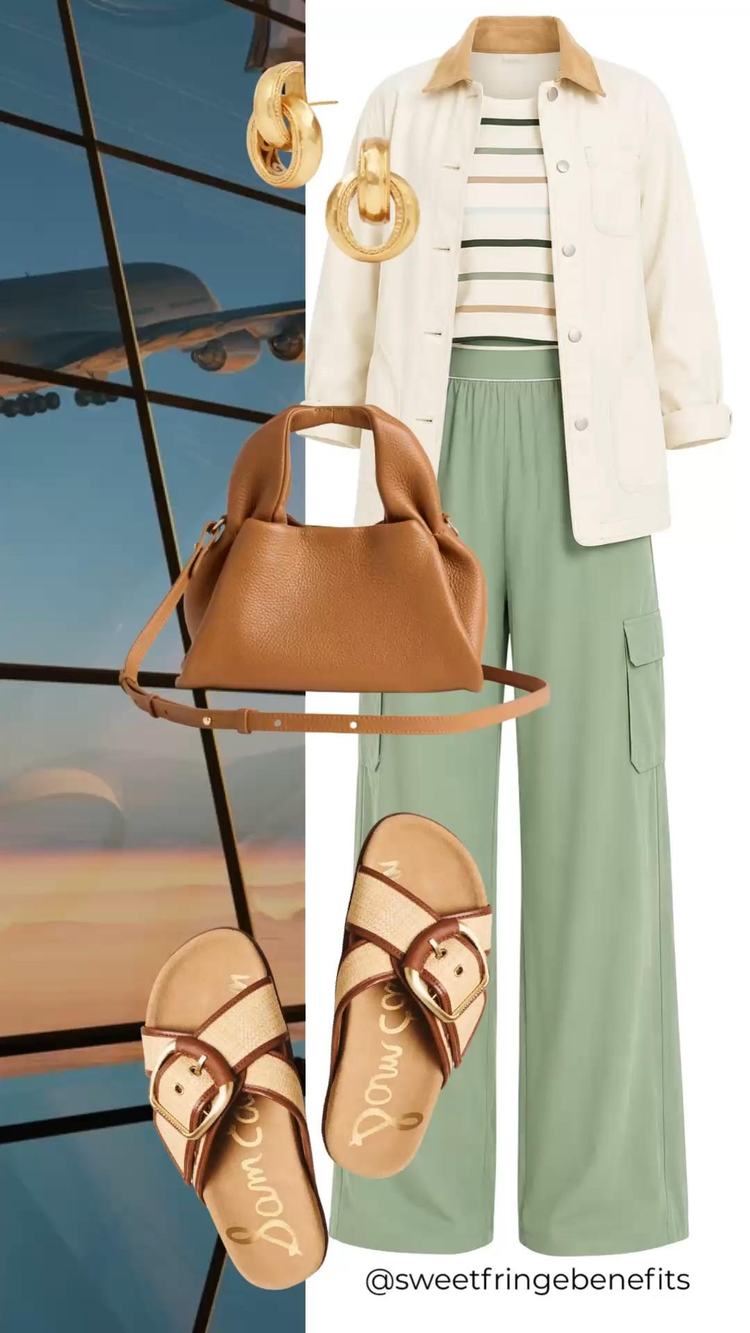 This sage green wide-leg pant outfit is made for comfortable travel days. A striped tee and lightweight utility jacket add easy layers, while tan sandals and a cognac crossbody keep the look polished and practical.

💡 LTK MADE EASY
❤️ Heart = Support my posts!
🔖 Save = Get sale & restock alerts
📋 Lists = Keep favorites organized
📲 Share = Send lists and products to a friend. Hello, Christmas List!
💬 Comment = Ask me anything about what I'm wearing.:-)

#LTKootd #LTKTravel #LTKOver40