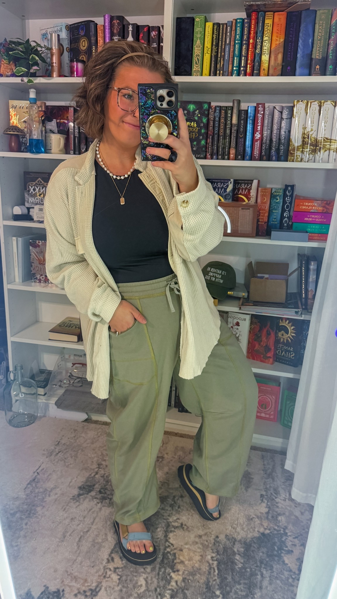 🍂 Cozy + casual vibes 🍂
Comfy wide-leg cargos, a soft knit shacket, and easy sandals — my kind of weekend uniform. 💫 Bonus points for pearl accessories to dress it up just a little!

#LTKStyleTip #LTKFindsUnder50 #LTKMidsize