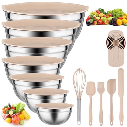 Mixing Bowls with Lids set - 25 PCS Stainless Steel Nesting Khaki Mixing Bowls Set for Baking,Mixing,Serving & Prepping,Size 5, 3.7, 2.8, 2.3, 1.7, 1.1, 0.7QT, 11 Cooking Utensils | Amazon (US)