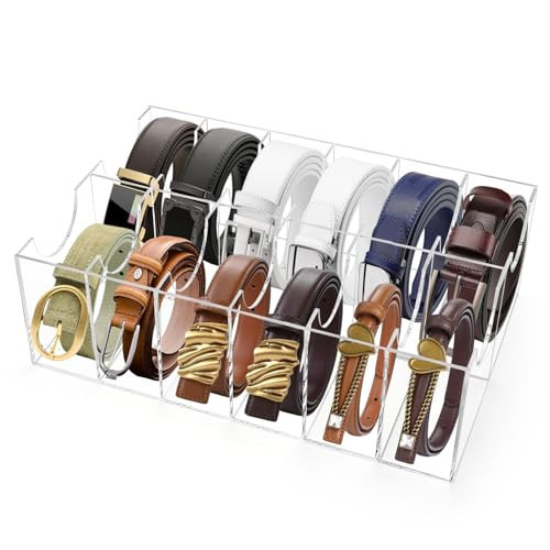ZENFUN 12 Compartments Belts Storage Box, Acrylic Belt Organizer, Belt Container Storage Holder Clear Belts Display Case for Watch, Hair Accessories, Jewelry, Closet and Drawer | Amazon (US)