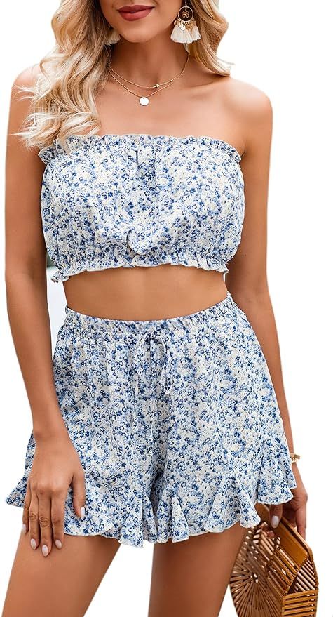 ECOWISH Women's Two Piece Outfits Summer Floral Strapless Crop Tops and Shorts Set Ruffle Sexy Be... | Amazon (US)