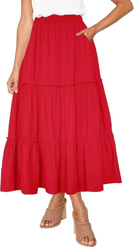 Afibi Womens High Waist A Line Ruffle Swing Long Maxi Skirt with Pockets | Amazon (US)