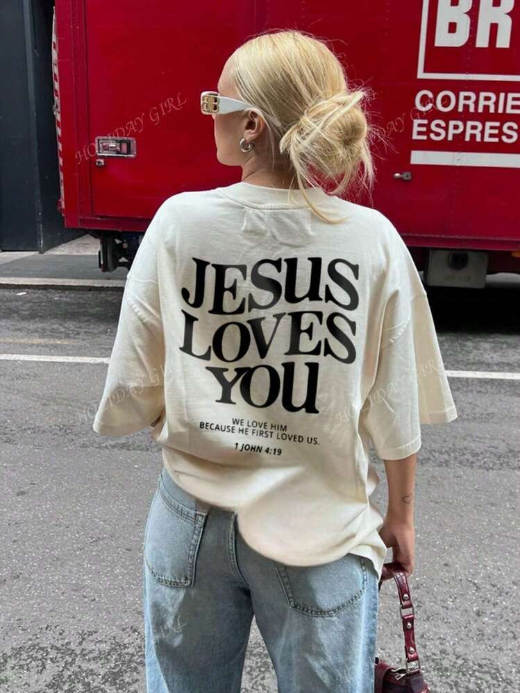 Jesus Loves You Women's New Casual Round Neck Short-Sleeved Apricot T-Shirt Simple Slogan Print Daily Versatile Must-Have Items For Vacation | SHEIN
