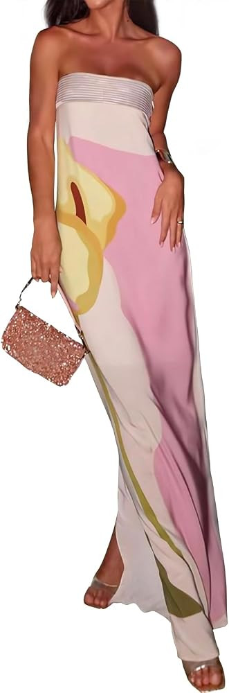 Women Y2k Strapless Maxi Dress Summer Backless Floral Long Tube Dress Off Shoulder Cocktail Party... | Amazon (US)
