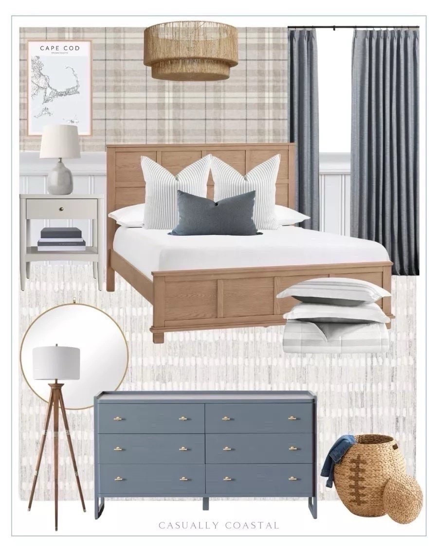 Bedroom inspiration for your teen boy! 🏈 
----
Coastal bedroom, coastal home decor, coastal style, boy bedroom ideas, teen boy coastal bedroom, butler dresser, blue dressers, reversible all season down comforter set, striped bedding, striped quilt, teen boy bedding, woven 2 tier pendant light, coastal pendant light, bedroom pendant light, denim pleated drapes, boys bedroom drapes, coastal drapes, metal round wall mirror, brass mirror, coastal wall mirror, coastal bed pillows, Etsy pillow, blue linen pillow, cape cod map print, cape cod artwork, coastal artwork, map artwork, Etsy map print, stripe pillow, ceramic table lamp, coastal table lamp, nightstand lamps, target lamp, coastal rug, wayfair rug, 8x10 rug, gray rugs, bedroom rugs, tripod floor lamp, bedroom floor lamp, grey wood nightstand, boys nightstand, coastal nightstand, plaid wallpaper, coastal wallpaper, boys wallpaper, grey wood 2 drawer kids desk, coastal desk, turner classic bed, pottery barn kids bed, football sports hamper, lake house bedroom, beach house bedroom, full size beds, queen size beds, natural wood bed

#LTKHome #LTKKids
