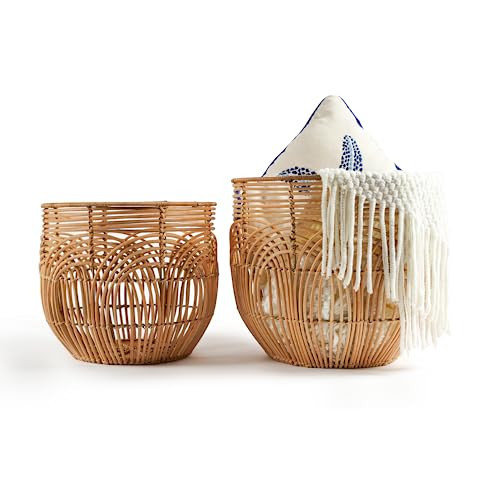 X AVIA HANDICRAFTS Set Of 2 Large Woven Blanket Baskets | Round Wicker Rattan Storage Floor Baskets for Shoe In Living Room | Extra Big Boho Rattan Laundry For Pillow, Blanket, Clothes | Amazon (US)