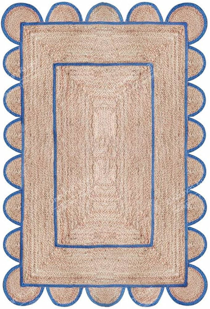 Chouhan Rugs Area Rug Natural Jute Hand Braided Rug Light Blue Scalloped Runner | Amazon (US)