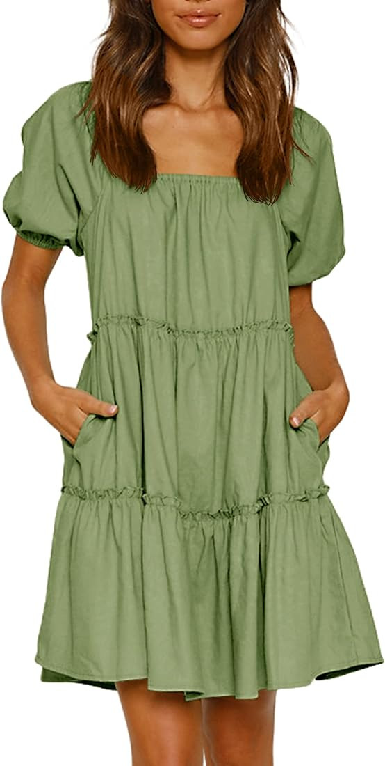 MURMUREY Womens Off Shoulder Summer Dresses Square Neck Short Sleeve Tie Backless Ruffle A Line C... | Amazon (US)