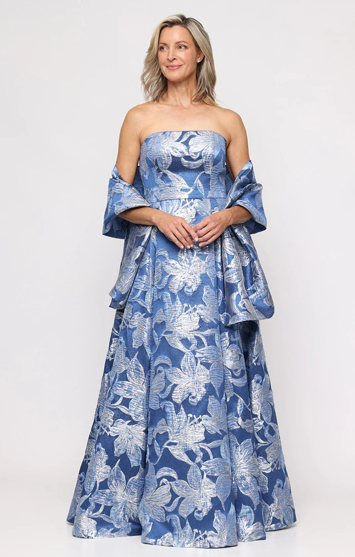 Strapless Printed Jacquard Gown with Shawl | Alex Evenings