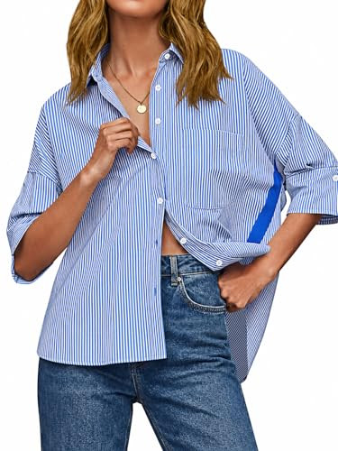 Cicy Bell Womens Summer Oversized Button Down Shirts Half Sleeve V Neck Business Casual High Low ... | Amazon (US)