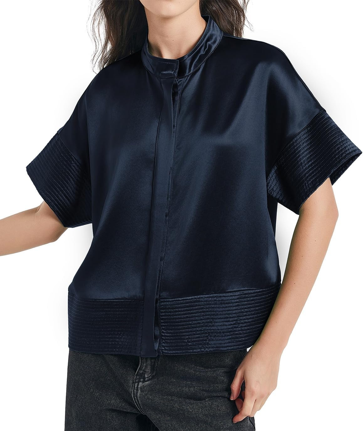 D-Sun Women's Casual Button Down Shirts Oversized Short Sleeve Stand Collar Tops Trendy Work Blouses | Amazon (US)
