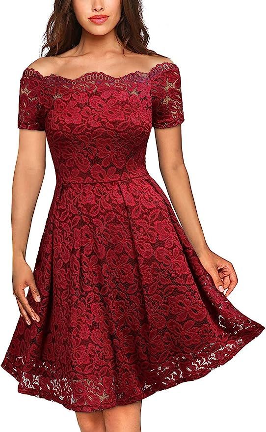 MISSMAY Women's Vintage Floral Lace Short Sleeve Boat Neck Cocktail Party Swing Dress | Amazon (US)