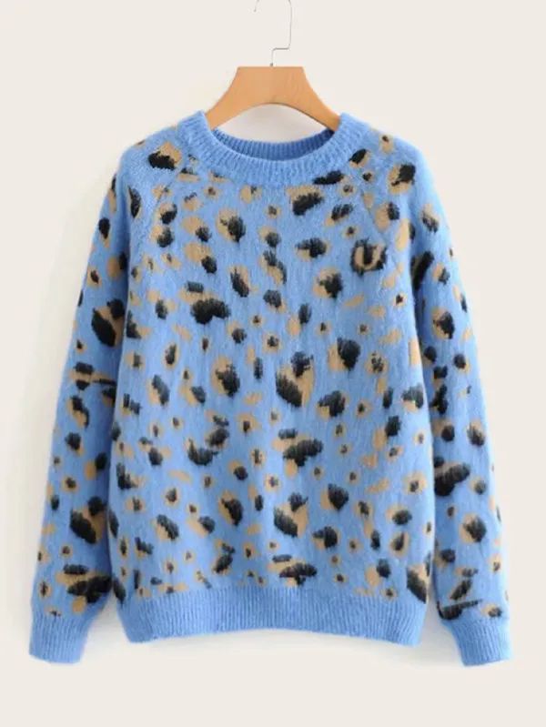 Leopard Print Raglan Sleeve Mohair Sweater | SHEIN