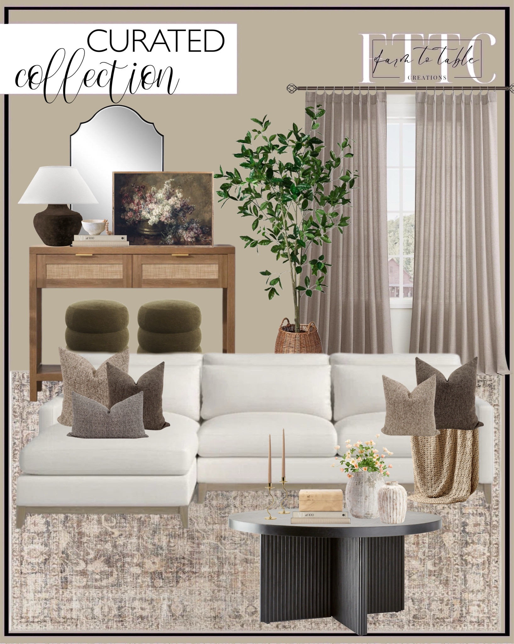 Curated Living Room. Follow @farmtotablecreations on Instagram for more inspiration.

Upholstered Sectional. Console table with rattan. Fluted Coffee Table Black. Pinch Pleat Curtains. Flat Wall Mirror. Lilac Bouquet Printed Sign. Gannon Table Lamp. Handcrafted Bowl. Handcrafted Terra Cotta Vase. Bay Leaf Tree in Basket. Faux Poppy  Bundle. Fey Taper Holder. Gammon Burl Box. Taper candles. Boston Knit Throw. Dalisha Velvet Ottoman. Hackner Home Pillow Covers. Becki Owens x Livabliss Marlene Vintage Dark Brown Area Rug. 

Living Room | Dining Room | Dining Room Artwork | Bathroom Finds | Bedroom Finds | Bedroom Furniture | nightstands | Home Decor| Fireplace Decor | Spring Refresh |  Bedroom Finds | Neutral Stems | Spring Stems | Bookshelf Decor | Bedroom Space | Cozy Corner | Bathroom | Curated Entryway | Spring  Decor | End of Year Clearance | Trending Decor | Viral Decor  | Coffee Table Decor | Neutral Decor | Fall Stem Sale | Target Finds | Skinny Bench | Bedroom | Living Room | Breakfast Nook | Amazon Home | Target Sale | Loloi Rugs | Magnolia Home | console table | console table styling | faux stems | entryway space | front porch decor | neutral decor | entryway decor | cozy home | affordable decor |  home decor | home inspiration | console styling | entryway rug | cozy moody home | moody home decor | neutral home | bathroom decor | living room | spring decor | Hearth & Hand | Studio McGee | 2025 Home Trends | trending home | Crate&Barrel 




#LTKHome #LTKFindsUnder50 #LTKSaleAlert