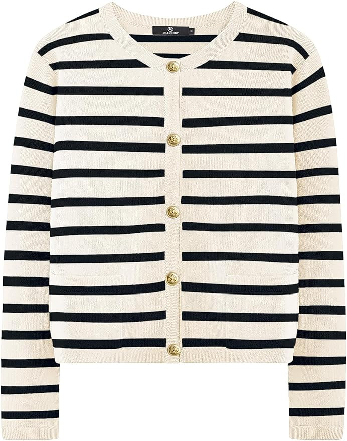 LILLUSORY Women's Casual Dressy Cardigan Sweaters Crew Neck Lady Jacket with Patch Pockets | Amazon (US)