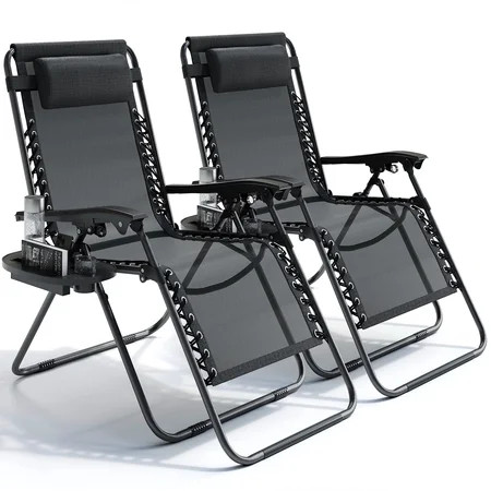 Hearth & Harbor Zero Gravity Chair Set of 2, Outdoor Lounge Chairs with Cup Holder, Black | Walmart (US)