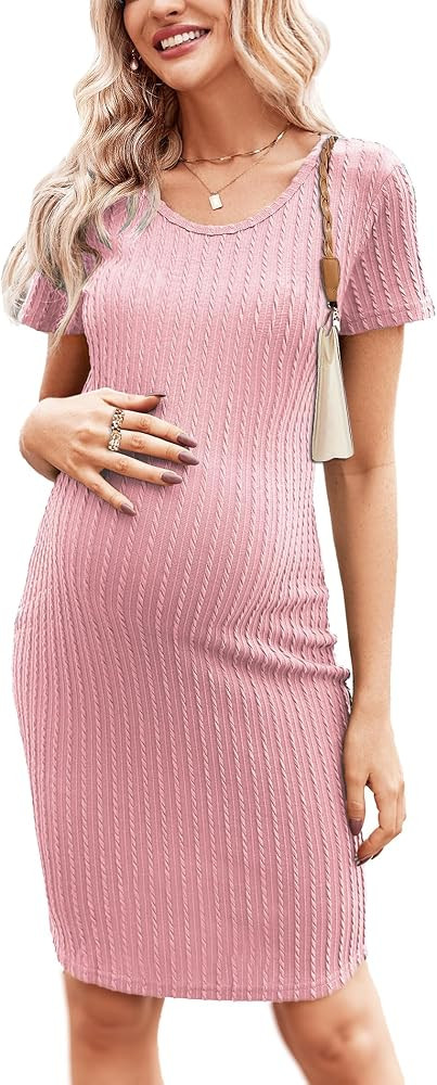 Ekouaer Maternity Dress Rib Knit Short Sleeve Bodycon Dresses Casual Stretchy Pregnancy Clothes S... | Amazon (US)