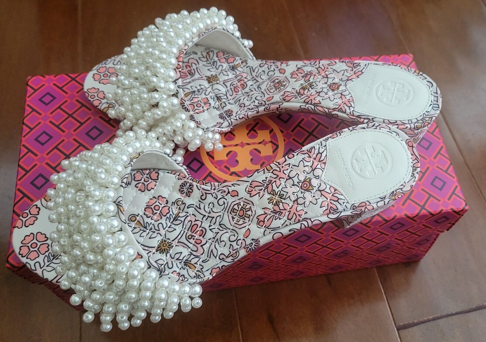 Tory Burch NEW Tatiana 45MM Satin Hicks Garden Slide Sandal Pearls Size 8  | eBay | eBay US