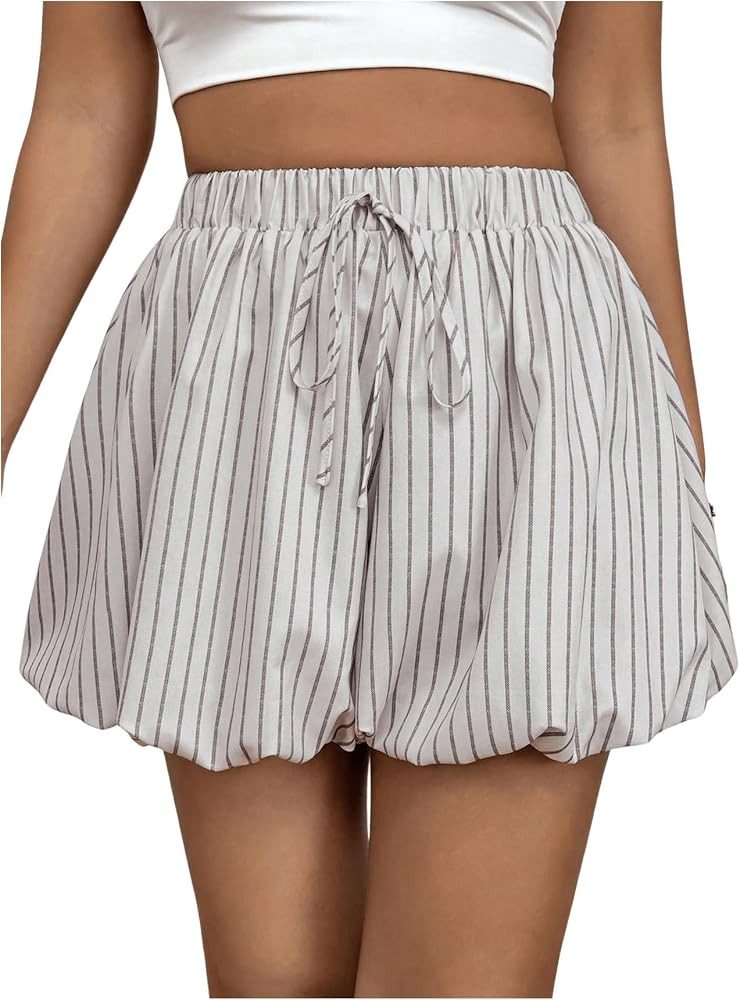 OYOANGLE Women's Striped Drawstring Elastic High Waist Bubble Shorts Loose Casual Puffy Shorts | Amazon (US)