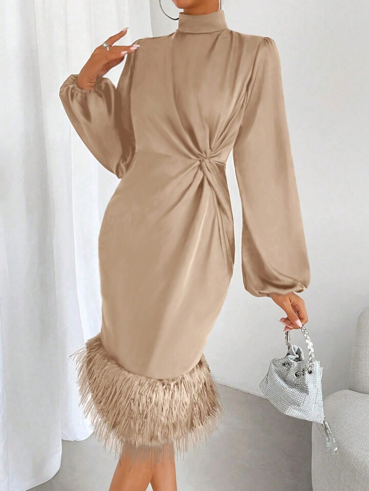 SHEIN BAE Twist Front Fuzzy Hem Lantern Sleeve Fitted Dress | SHEIN USA | SHEIN