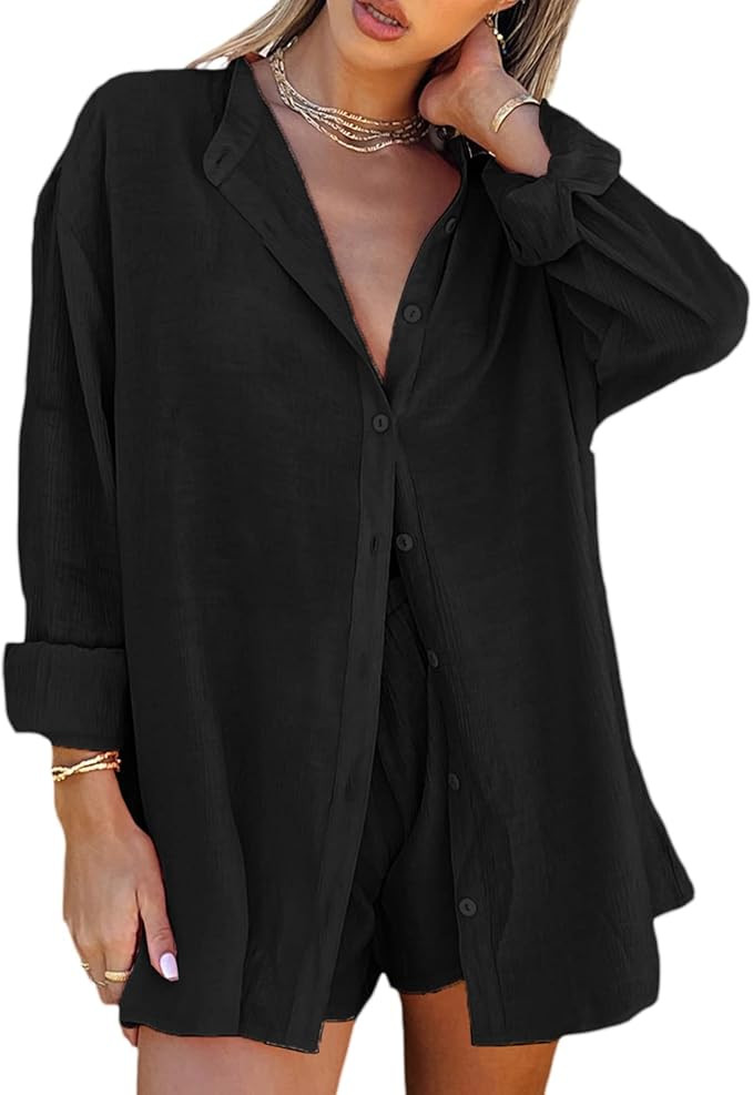 Women Linen 2 Piece Set Tracksuit Outfit Long Shirt and High Waisted Mini Shorts Linen Sets for W... | Amazon (US)