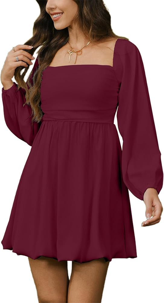 HYPERFIRE Women's Square Neck Pleated Long Sleeve Mini Dress Smocked A Lind Bubble Wedding Dresse... | Amazon (US)