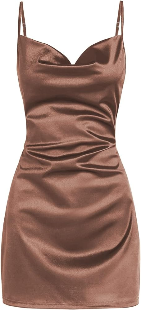 ZAFUL Women's Satin Sleeveless Spaghetti Strap Mini Dress Sexy Slip Cowl Neck Silky Cocktail Part... | Amazon (US)