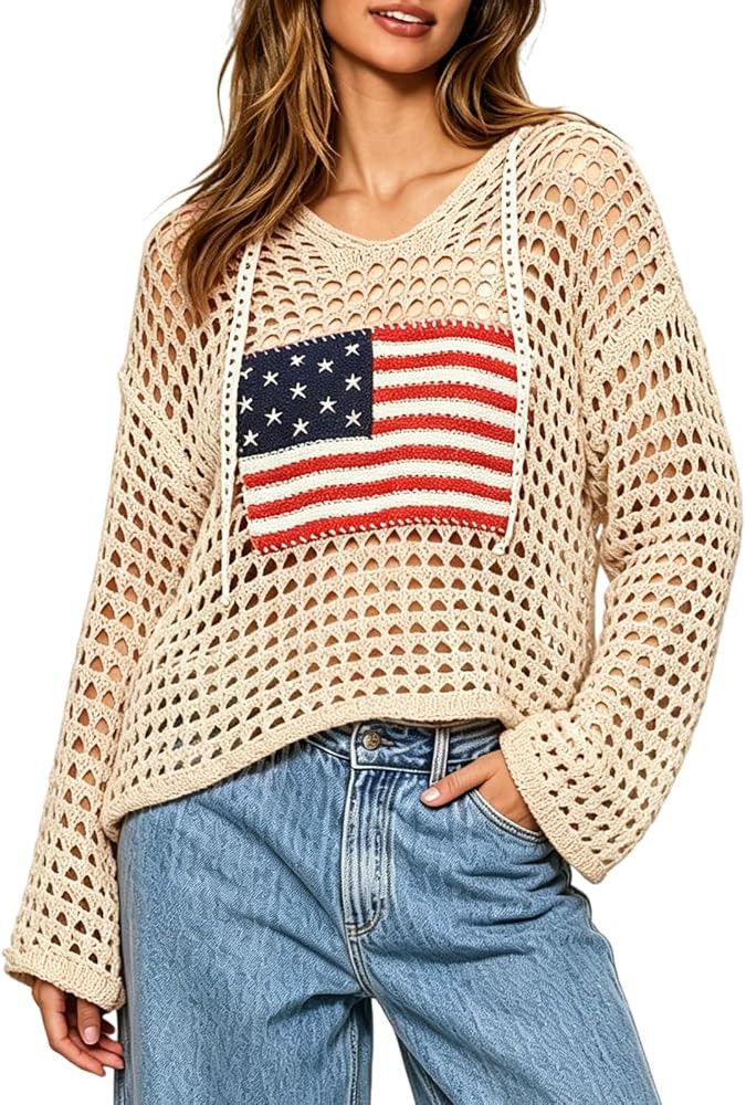 Women's American Flag Crochet Sweater Long Sleeve Hollow Out Lightweight Knit Hoodie 2026 Summer ... | Amazon (US)