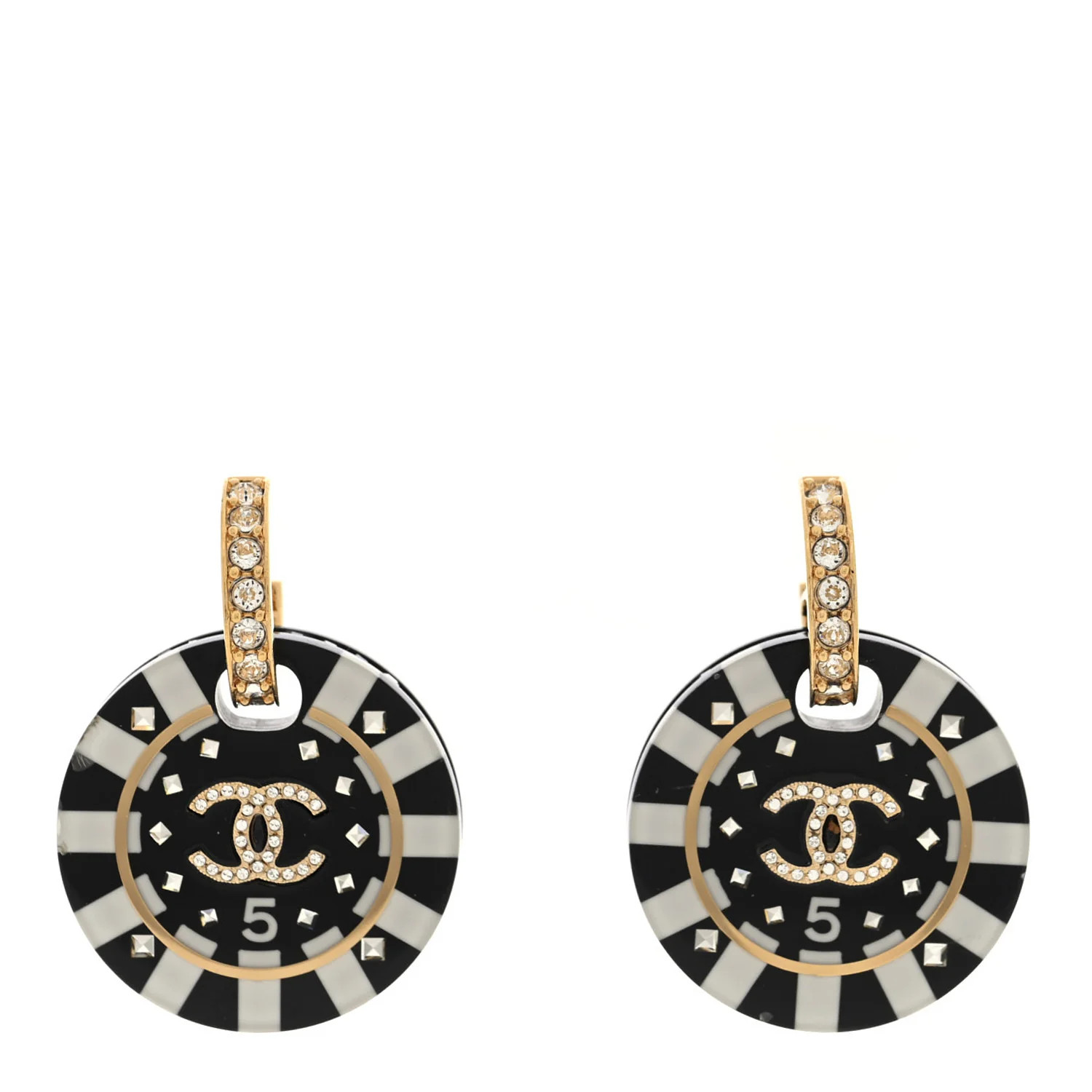 Resin Crystal CC Round Poker Chip Drop Earrings Black White Gold | FASHIONPHILE (US)