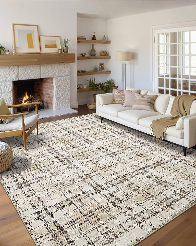 Modern Washable 8x10 Area Rug - Soft, Non-Slip, Stain Resistant, Farmhouse Tartan Plaid for Livin... | Amazon (US)