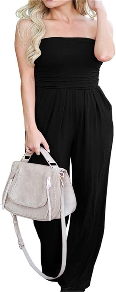 PRIMODA Women's Tube Top Strapless Off Shoulder Loose Wide Leg Jumpsuit Romper with Pockets | Amazon (US)