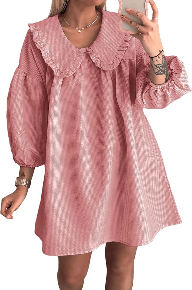 2026 Women's Babydoll 3/4 Puff Sleeve Plaid Mini Dress Lapel Doll Collar Loose Y2k Dress | Amazon (US)
