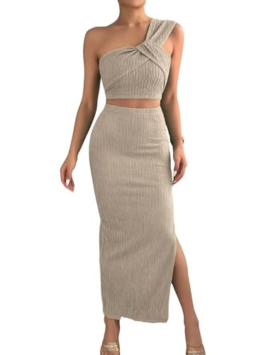 OYOANGLE Women's 2 Piece Outfits Textured One Shoulder Crop Top and Split Thigh Bodycon Maxi Skirts Set Khaki Large | Amazon (US)
