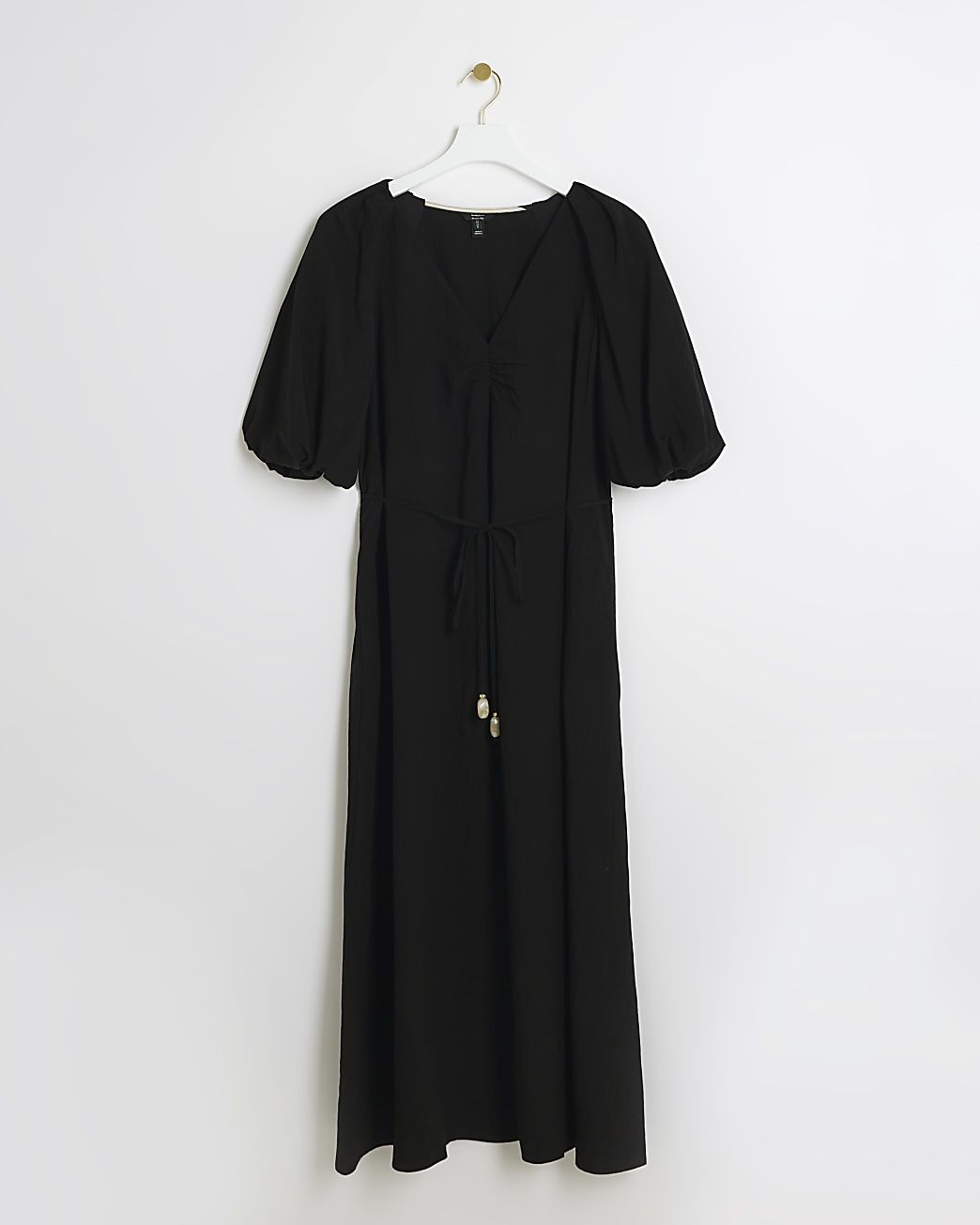Black belted puff sleeve shift midi dress | River Island (UK & IE)