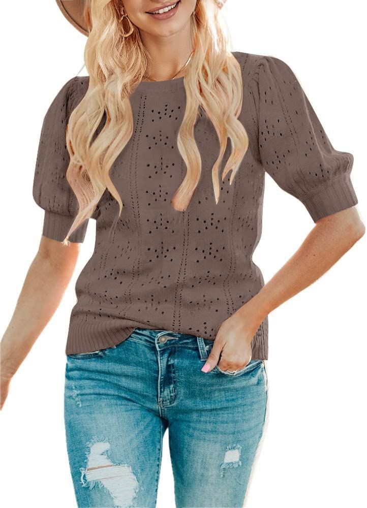 MEROKEETY Women's Puff Short Sleeve Sweater Tops Crew Neck Crochet Knit Soft Pullover Shirt | Amazon (US)