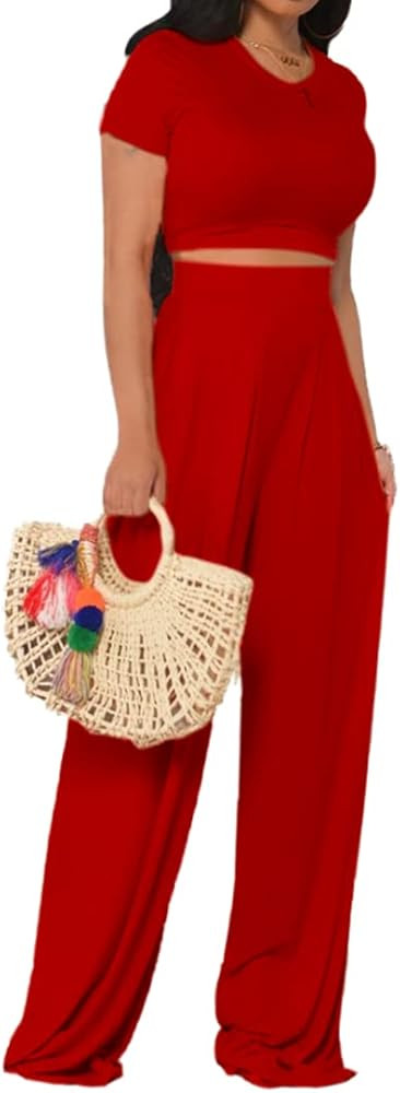 Women Two Piece Outfits Casual Short Sleeve Crop Tops + Wide Leg Pants Sets Sweatsuit Lounge Suit... | Amazon (US)