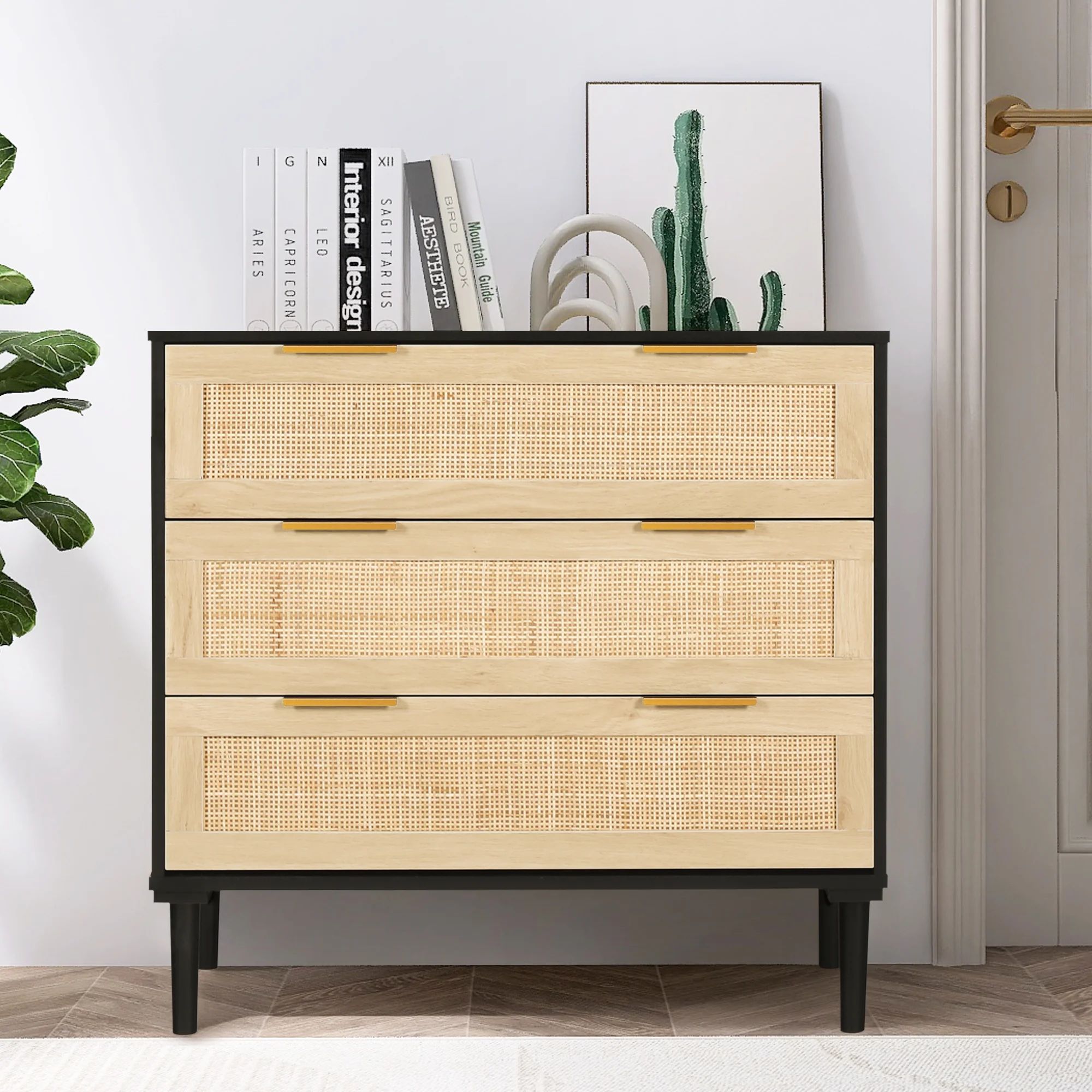 LAZZO 3 Drawer Dresser Rattan Wood Dresser Chest of Drawers Large Storage Cabinet | Walmart (US)