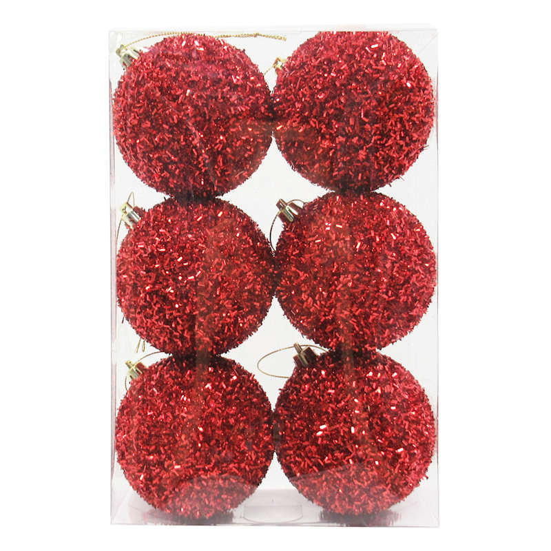 6-Count Red Tinsel Shatterproof Ornaments, 80mm | At Home