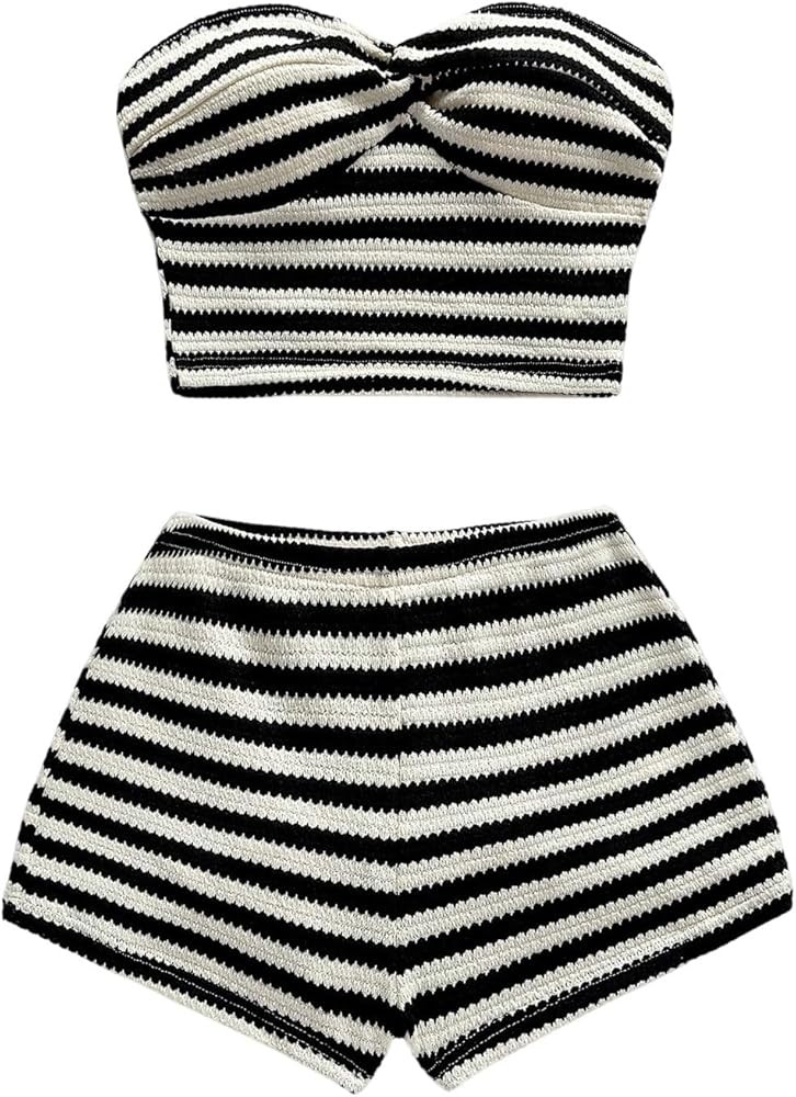 Verdusa Women's 2 Piece Striped Outfits Twist Knot Crop Tube Top and Shorts Clothing Sets | Amazon (US)