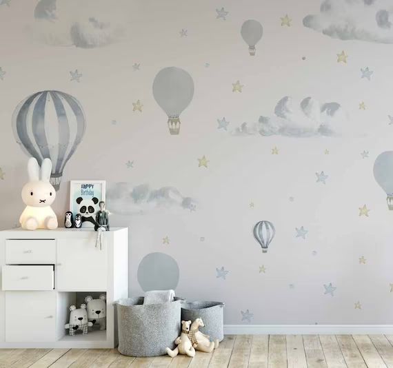 Balloons in the Sky Clouds Stars Wallpaper Kidsroom Nursery | Etsy | Etsy (US)