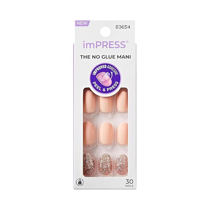 KISS imPRESS No Glue Mani Press On Nails, Design, 'Evanesce', Beige, Short Size, Oval Shape, Incl... | Amazon (US)