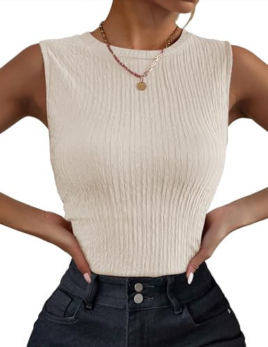 Zeagoo Womens Ribbed Tank Top 2025 Summer Sleeveless High Neck Shirts Casual Sexy Slim Fitted Basic Tank Tops Beige | Amazon (US)