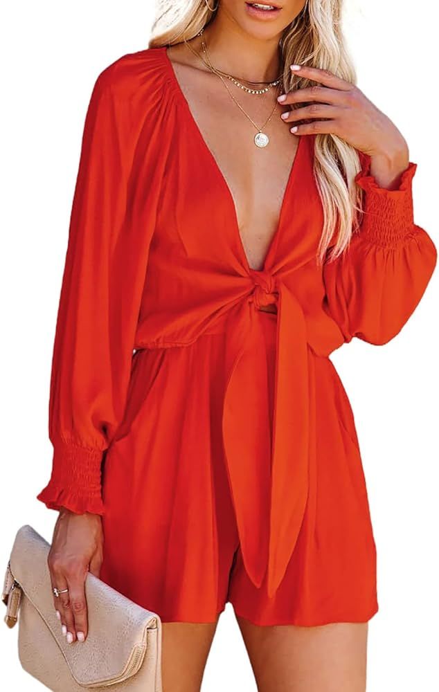 Bdcoco Womens Plunge V Neck Tie Front Jumpsuits Lantern Long Sleeve Short Romper with Pockets | Amazon (US)