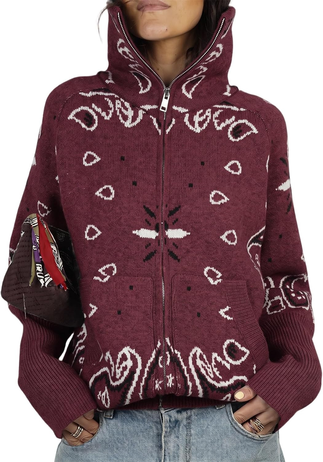 Women's Zip Up Cardigan Sweaters Casual Patterned Stand Collar Sweater Fall Trendy Cool Knit Cardigan | Amazon (US)
