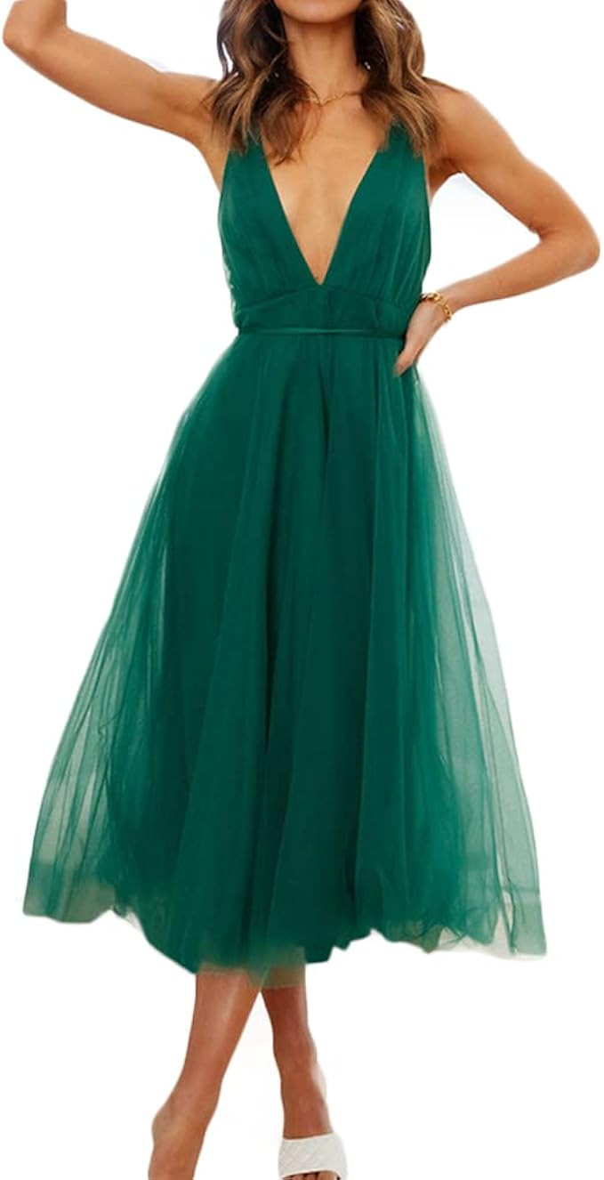 Women's Sexy Deep V Neck Mesh Tulle Dress Backless Cocktail Party Formal Bridesmaid Dresses | Amazon (US)